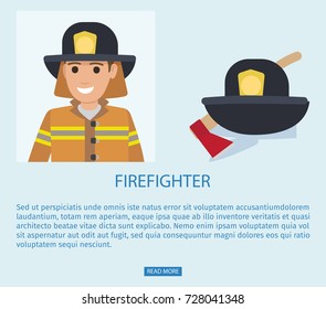 Firefighter advert web page vector illustration. Fireman in safety protective costume in hat with emblem and professional equipment, resume design