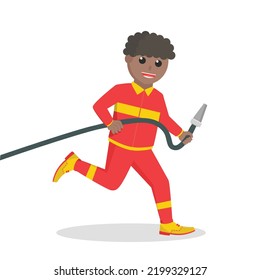 firefighter african run and holding water hose design character on white background