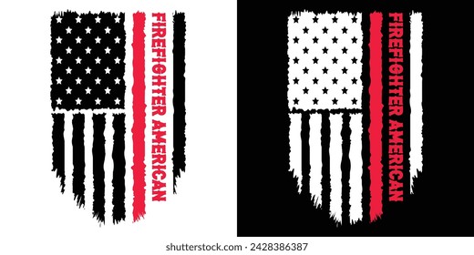 Firefighter American Distressed Flag. Thin Red Line Usa America Design For T Shirt Poster Banner Backround Print Vector Eps Illustration.