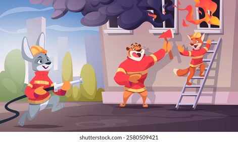 Firefighter animals. Zoo funny animals work as firefighters exact vector cartoon background template