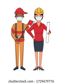 Feuerwehrmann und Architektur mit Darstellung von Gesichtsmasken