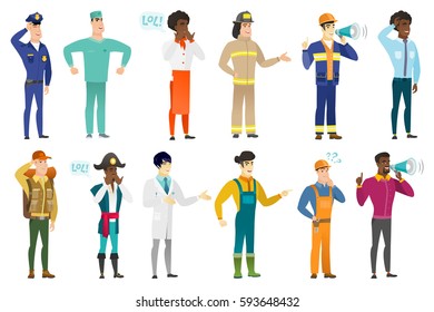 Firefighter with arm out in a welcoming gesture. Full length of welcoming young firefighter. Firefighter doing a welcome gesture. Set of vector flat design illustrations isolated on white background.