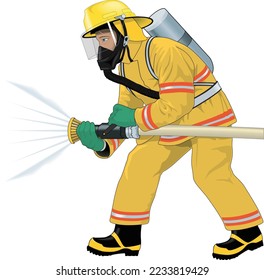 Firefighter Attacking Fire Vector Illustration