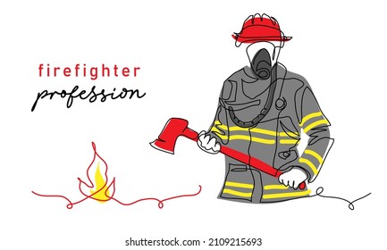 Firefighter with ax in red helmet and uniform. One continuous line art drawing vector illustration of firefighter.