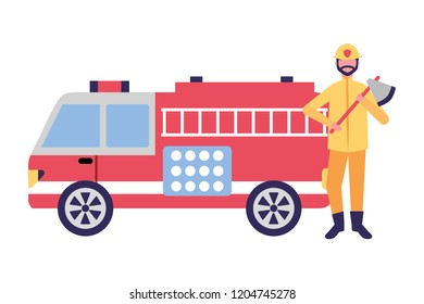 firefighter with axe and fire truck