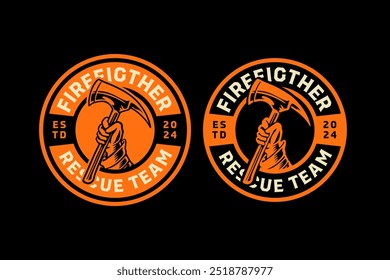 firefighter axe, fireman axe, hatchet with gloved hand retro vintage logo vector design collection set for firefighter, rescuer worker, adventure and survivor