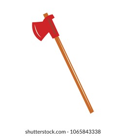 Firefighter axe icon. Red blade, wooden handle hatchet, cutting fireman equipment. Emergency worker rescuing equipment. Vector flat illustration isolated