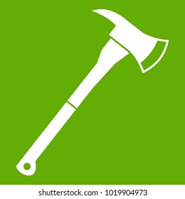 Firefighter axe icon white isolated on green background. Vector illustration