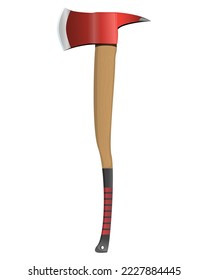 Firefighter axe in realistic style. Red Hatchet. Red fire ax firefighter rescue equipment. Metal woodcutter with handle made of wood. Colorful vector illustration on a white background.