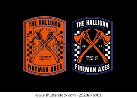 firefighter axes, fireman ax retro badge logo design for survivor, rescuer and journey. hatchet, halligan bar, handspike emblem logo collection for wanderlust and firefighter 