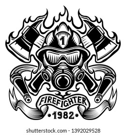 Firefighter with axes in flame sign on a white background.