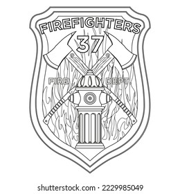 Firefighter Badge coloring page. Firefighter axes and hydrant on shield insignia. Colorful vector illustration on a white background.