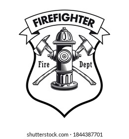 Firefighter badge with hydrant vector illustration. Crossed axes and fire dept text, heraldry and ribbon. Rescue concept for firefighting or fire department badge template