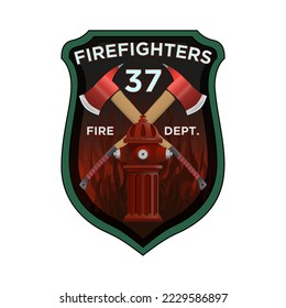 Firefighter Badge in realistic style. Firefighter axes and hydrant on shield insignia. Colorful vector illustration on a white background.