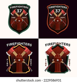 Firefighter Badge SET in realistic style. Firefighter axes and hydrant on shield insignia. Colorful vector illustration on a white background.