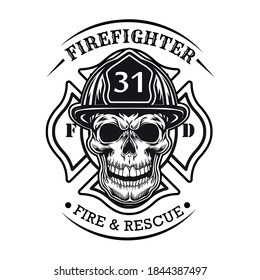 Firefighter Badge With Skull Vector Illustration. Head Of Character In Helmet With Heraldry And Text Sample. Rescue Concept For Firefighting Or Fire Department Patch Template