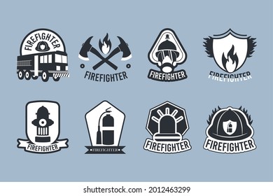 firefighter badges icon set on blue background