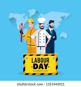 firefighter with baker and businessman with labour day emblem
