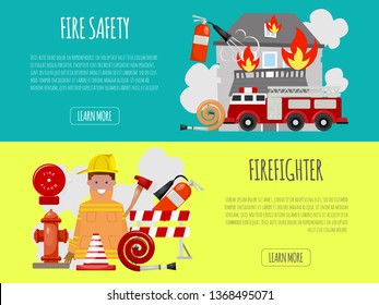 Firefighter banner vector illustration. Firefighting equipment firehose hydrant and extinguisher. Fireman in uniform with helmet and engine near house.