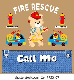 firefighter bear with car, Nature Animal Cartoon, isolated Flat Vector Illustration