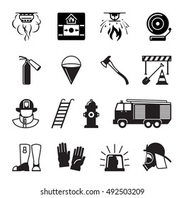 Firefighter black icons. Fireman and fire equipment, alarm and fire axe signs. Vector illustration