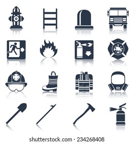 Firefighter black icons set with flame extinguisher emergency siren isolated vector illustration