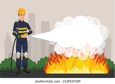The firefighter with blank banner, text area. Vector illustration, flat design, cartoon style.