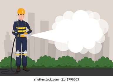 The firefighter with blank banner, text area. Vector illustration, flat design, cartoon style.