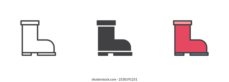 Firefighter boots different style icon set. Line, glyph and filled outline colorful version, outline and filled vector sign. Symbol, logo illustration. Vector graphics