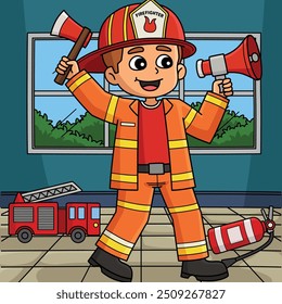 Firefighter Boy Colored Cartoon Illustration