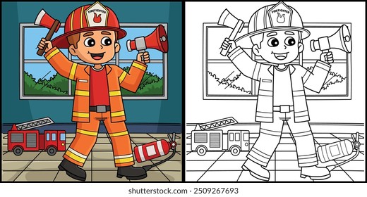 Firefighter Boy Coloring Page Colored Illustration