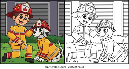 Firefighter Boy and Firefighter Dog Illustration