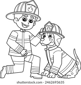 Firefighter Boy and Firefighter Dog Isolated 