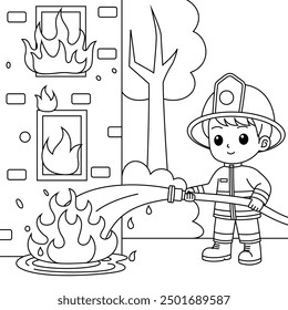 Firefighter Boy Putting Out ein Feuer Umriss Cartoon Malvorlage für Kinder