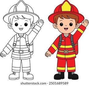 Firefighter Boy Waving Hand Outline Cartoon Coloring Page for Kids