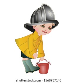 firefighter boy in a yellow raincoat and firefighter leaned over to pick up a red bucket, color vector clip art on a white isolated background