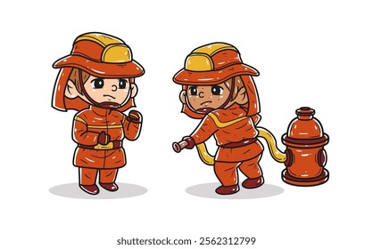 Firefighter boys are in action in putting out fires vector illustration