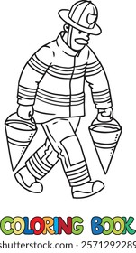 Firefighter with buckets of sand. Coloring book