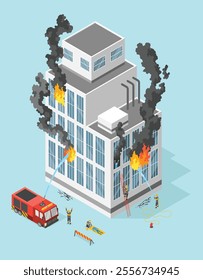 Firefighter building isometric icon with firefighters engaged in extinguishing of burning. Firefighters career concept design. Building and saving people vector illustration