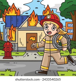 Firefighter and a Building on Fire Colored Cartoon