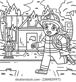 Firefighter and Building on Fire Coloring Page 