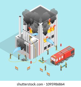 Bombero y construcción de fuego Concepto 3d Vista isométrica Peligro de emergencia. Ilustración vectorial del hogar de extinción de Fireman