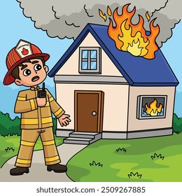 Firefighter with a Burning House Colored Cartoon