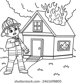 Firefighter with a Burning House Coloring Page