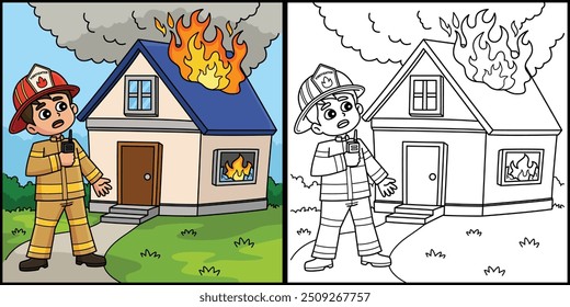 Firefighter with a Burning House Illustration