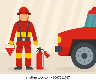 Firefighter with car concept. Flat illustration of firefighter with car vector concept for web