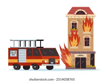 Firefighter car near burning building city simple style isolated concept 