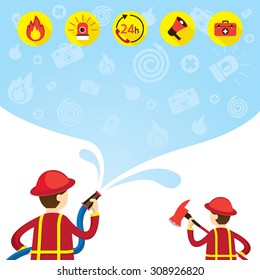 Firefighter carry Hose Flushing Water with Icons and Background, Emergency, Equipment