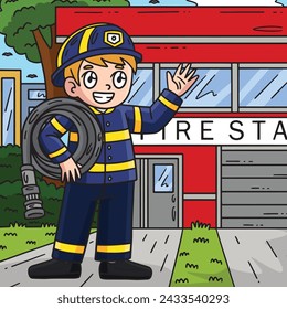 Firefighter Carrying Fire Hose Colored Cartoon 