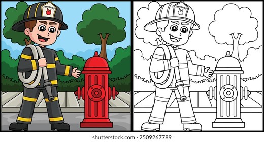 Firefighter Carrying a Fire Hose Illustration